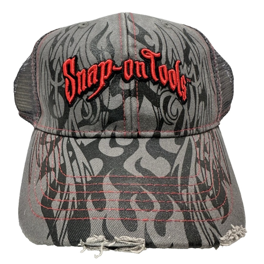 NEW NWOT BLACK/GREY/RED SNAP ON TOOLS DISTRESSED BASEBALL CAP COTTON STRAPBCK